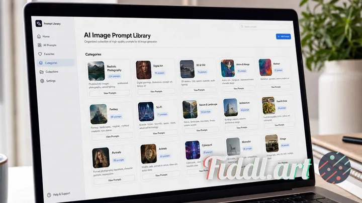 A clear and organized prompt library displayed on a screen, with labeled folders for different marketing use cases such as product shots, social ads, and email headers.