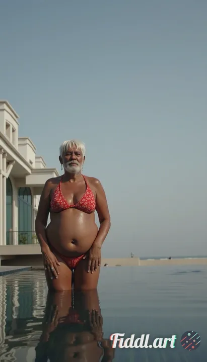 make an image of her wearing just the bikini at her home pool and shes with an 2 obese old indian me
