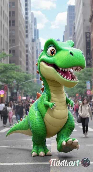 haz un dinosaurio bebe adorable estilo cartoon 3D, caminando por Manhattan,  la gente y la ciudad de