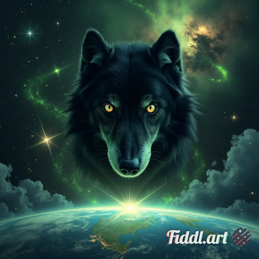 From the vantage of deep space, behold a colossal black wolf’s head emerging from swirling nebulae a