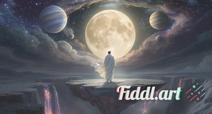 A mysterious man in pristine white robes stands serenely on a floating island suspended high above a