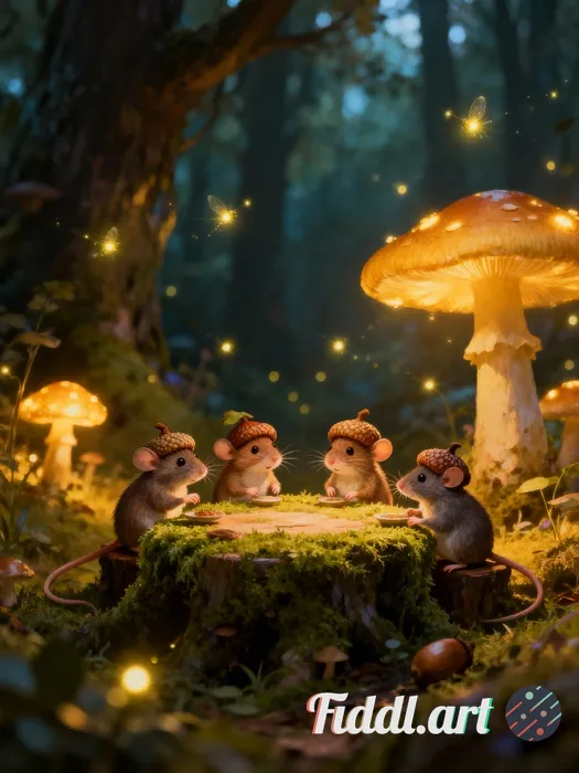 Digital painting of tiny woodland mice wearing acorn caps, sitting around a mossy table with glowing