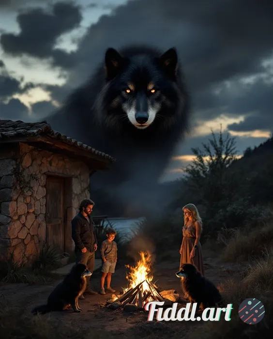 At twilight, next to a small rustic stone tool shed in a remote countryside setting, five people sta