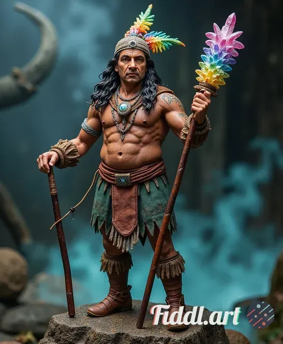 A beautifully detailed action figure of a mystical shaman, showcasing intricate tribal patterns on h