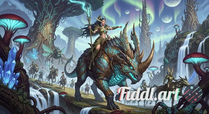 An ancient warrior princess atop a majestic bio-engineered creature, leading her army through a lush