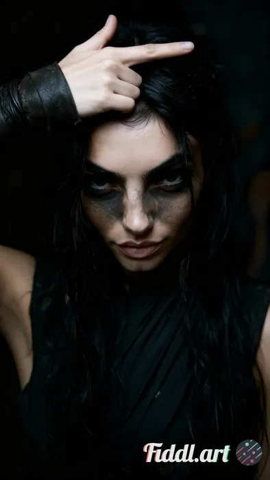 Make her fingers against her head like gun fingers pose, dark lighting,