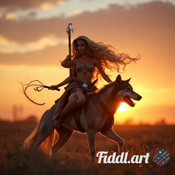 Create images of barbie as a queen warrior goddess fighting at dusk with her warrior wolf dog at the