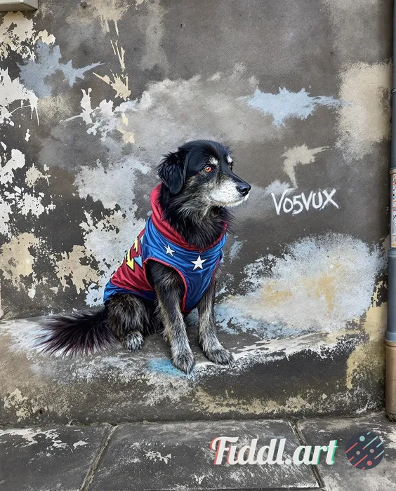 dog as a superhero, high-contrast stencil graffiti, splattered texture, painted on a distressed plas