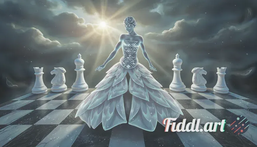 A hauntingly beautiful, hyper-realistic queen of marble stands on a vast, flooded chessboard that st