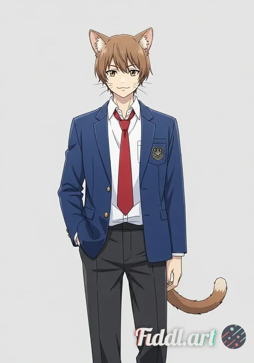 anthropomorphic cat boy, male feline humanoid, about 15 years old, short fur, cat ears, tail, wearin