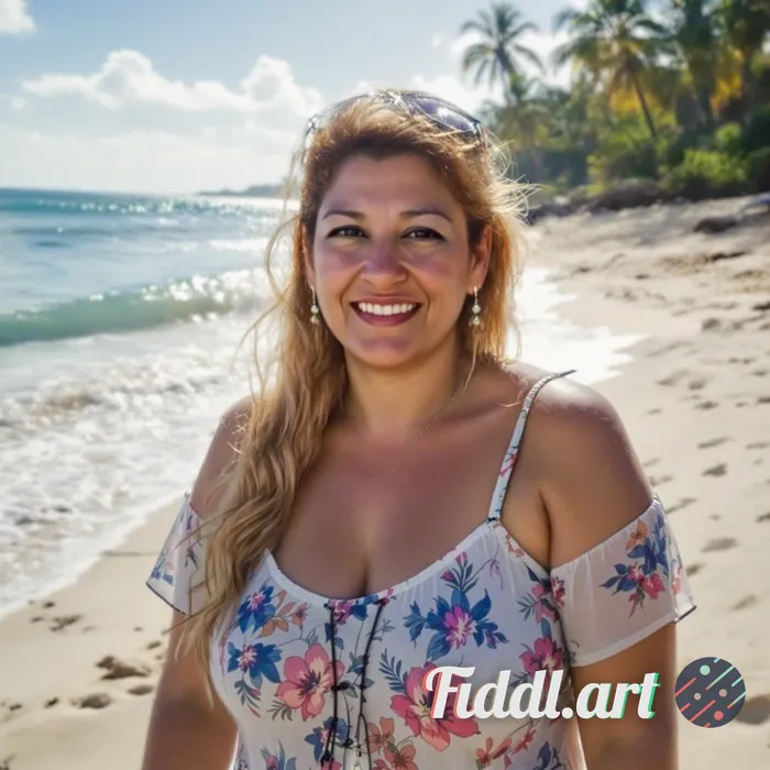 medium shot (chest up), subject ≥ 70–85% of frame, eyes near top third, tropical shoreline with gent