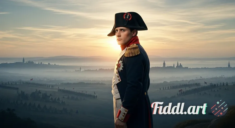 Realistic, cinematic scene of young Napoléon Bonaparte in early artillery officer uniform, standing 