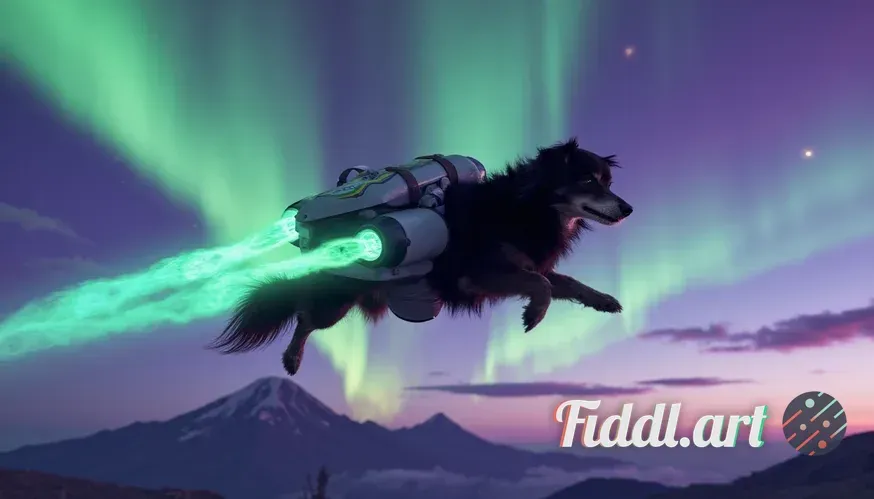 A stunningly photorealistic depiction of a spirited dog soaring gracefully through a mesmerizing aur