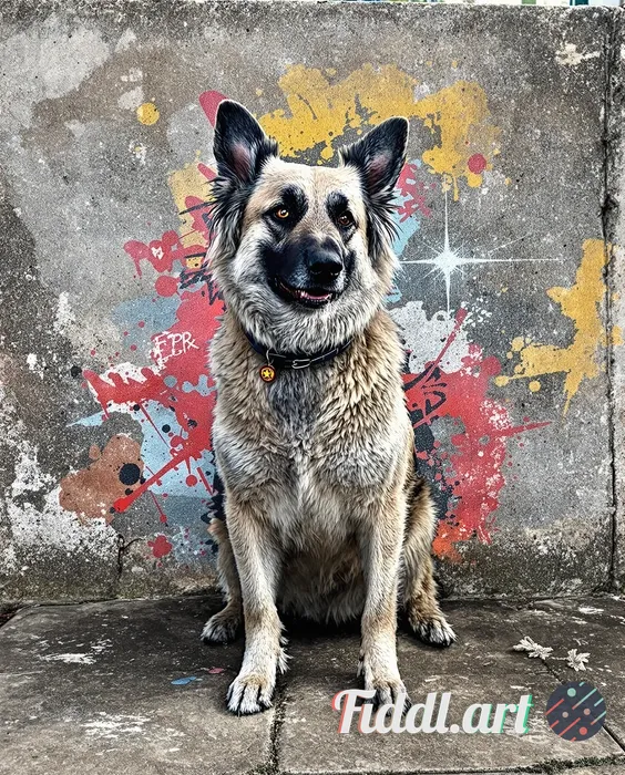 dog as a superhero, high-contrast stencil graffiti, splattered texture, painted on a distressed plas