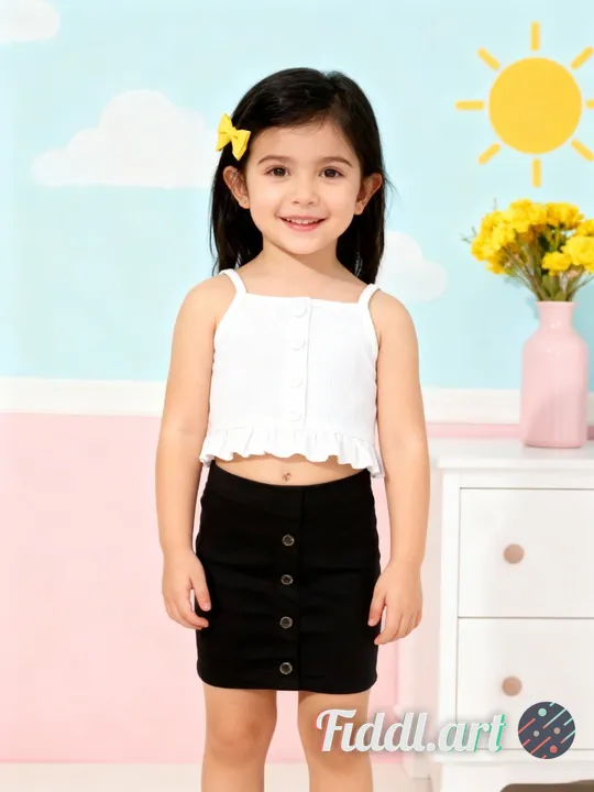 A cheerful indoor scene featuring a full figure of 2-3 years old child standing in a photo studio wi