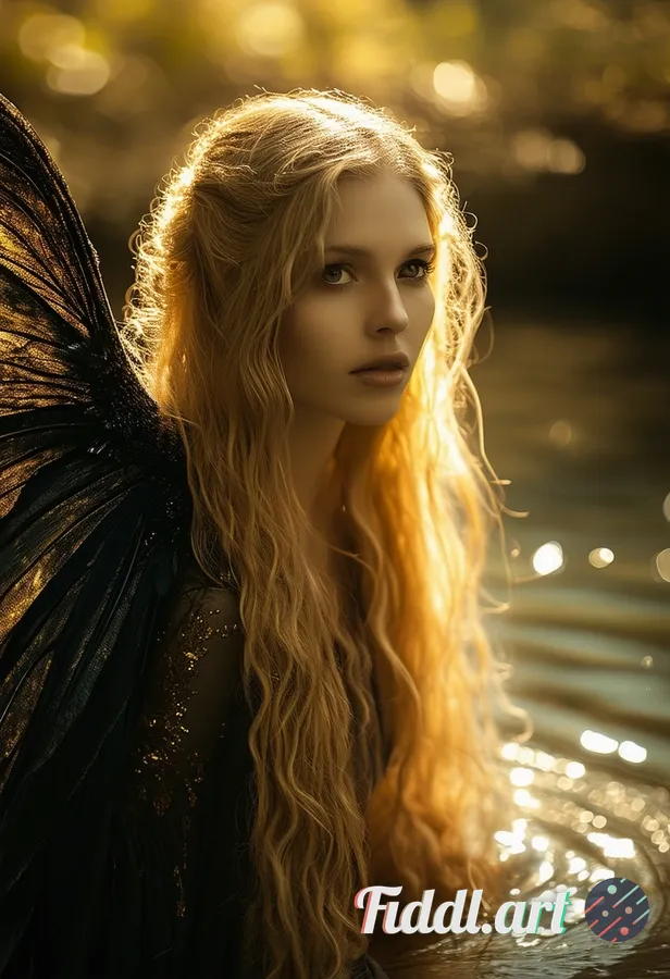 Media Index 0 | A mystical maiden with flowing golden locks and shimmering black wings, sitting by a tranquil stream
