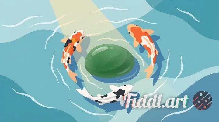 A serene desktop wallpaper depicting three vibrant koi fish gracefully circling a lustrous jade ston