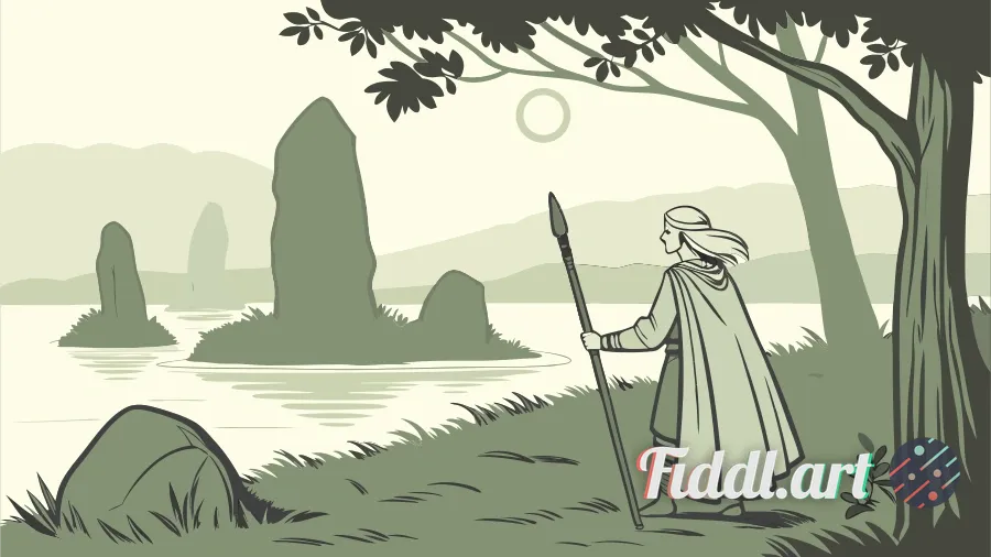 An ethereal, high-fantasy scene of Avalon at dawn: a mist-shrouded island rising from a glassy lake,