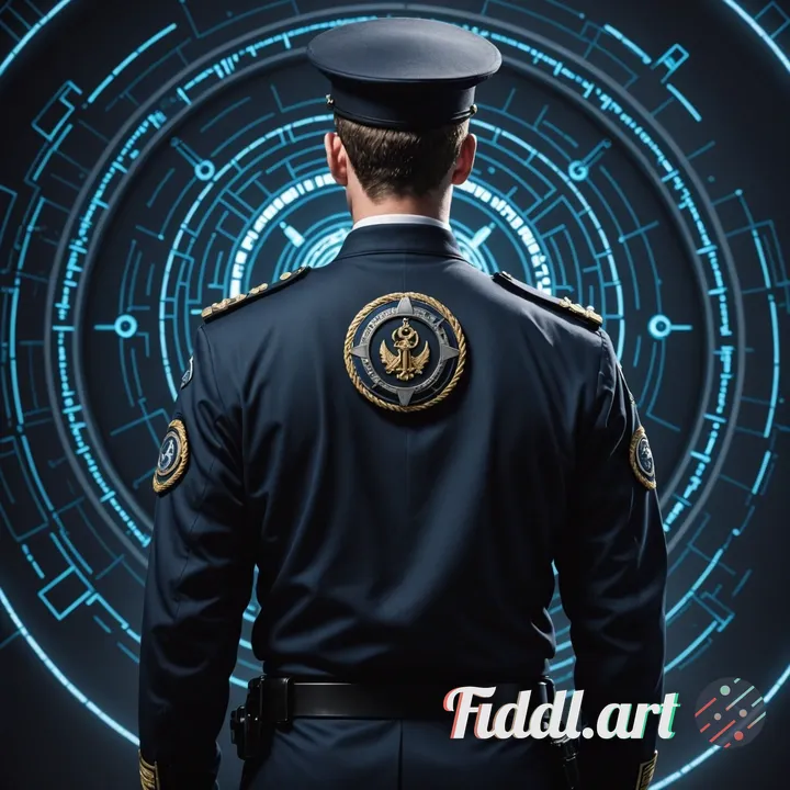 Realistic illustration of a French Navy officer seen from behind, wearing a dark blue naval uniform 