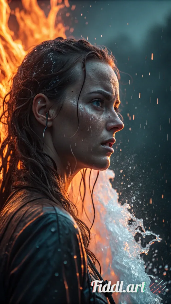 A hyper-realistic cinematic portrait of a fierce, wet-haired woman standing amidst a dramatic elemen