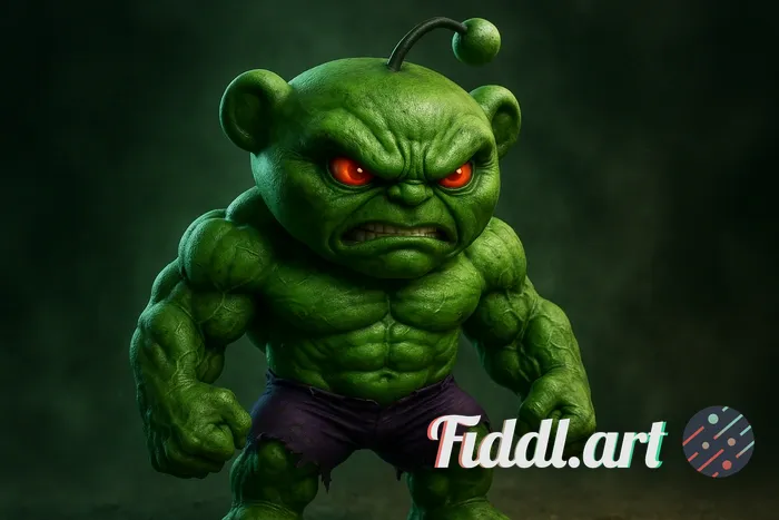 	A hyper-realistic 3D render of a small white cartoon mascot transformed into The Hulk. The mascot h