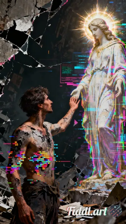 entropic decay, glitch art, man touching god.