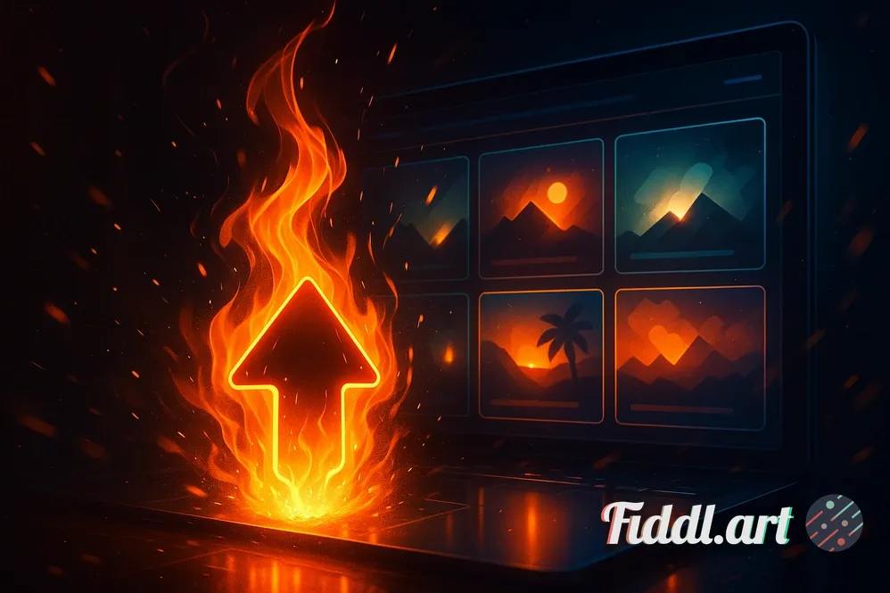 A vibrant, digital concept illustration of an 'upvote' fire icon glowing intensely, igniting a drama