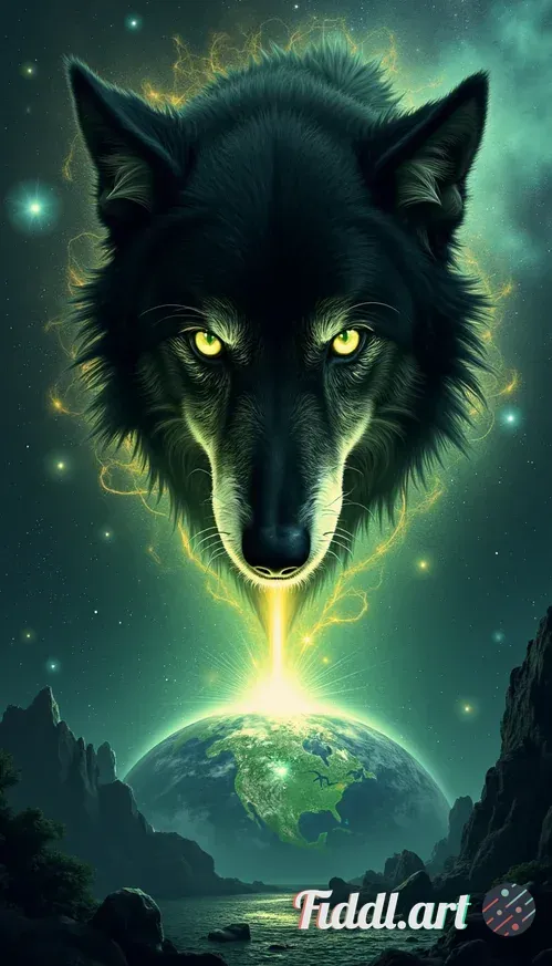 From the vantage of deep space, behold a colossal black wolf’s head emerging from swirling nebulae a