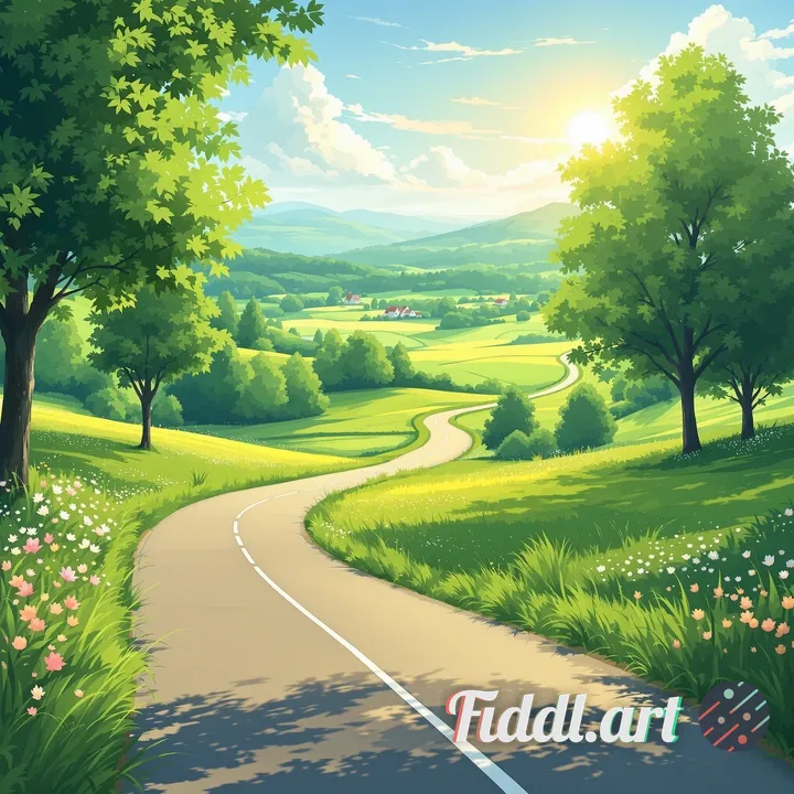 anime countryside road curving through green fields, warm morning sun, soft painterly foliage, clean