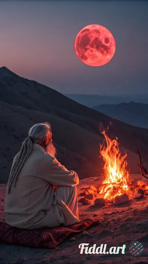 A visionary psychedelic scene unfolds on a desert-like mountaintop beneath a glowing full moon that 