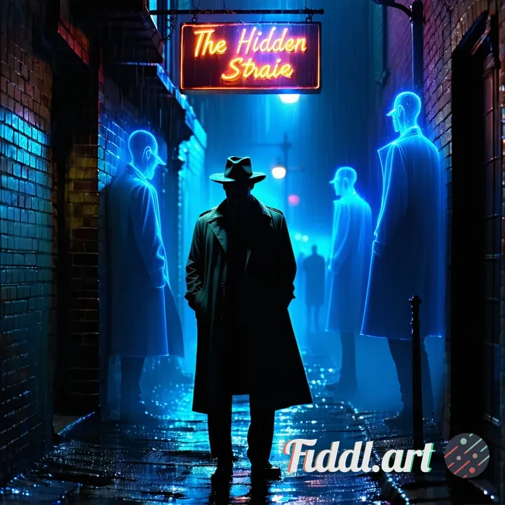 A lone detective in a rain-slicked neo-noir alley at night, shadows cast by a flickering neon sign r