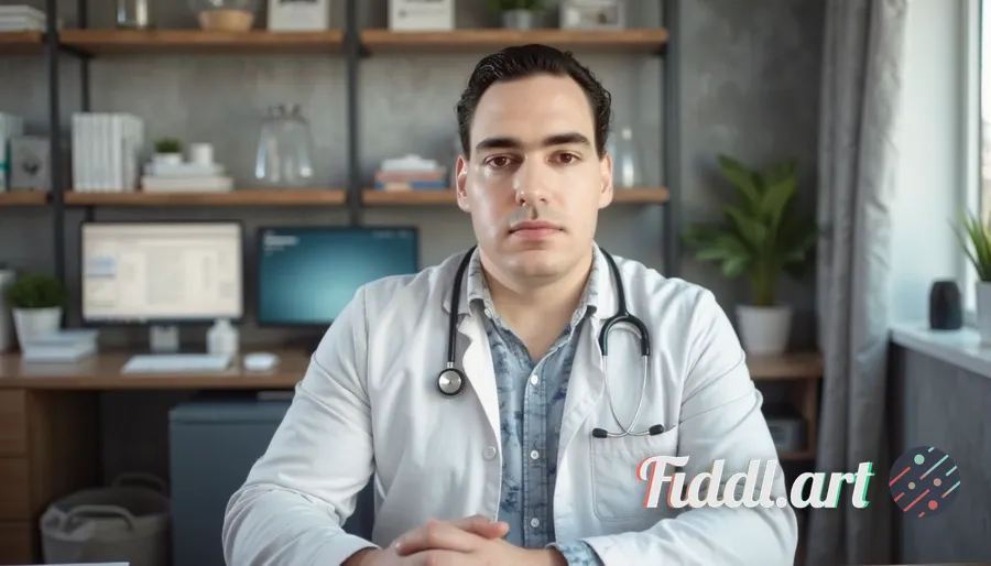 a professional doctor sitting confidently at his desk in a modern, well-organized medical office, we