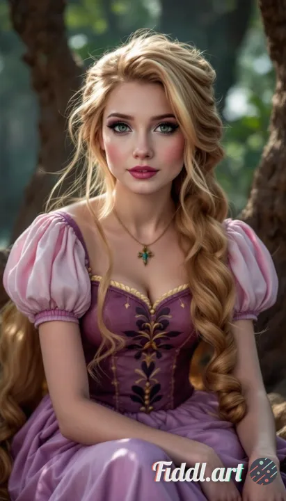 Make this woman dressed as Rapunzel. 