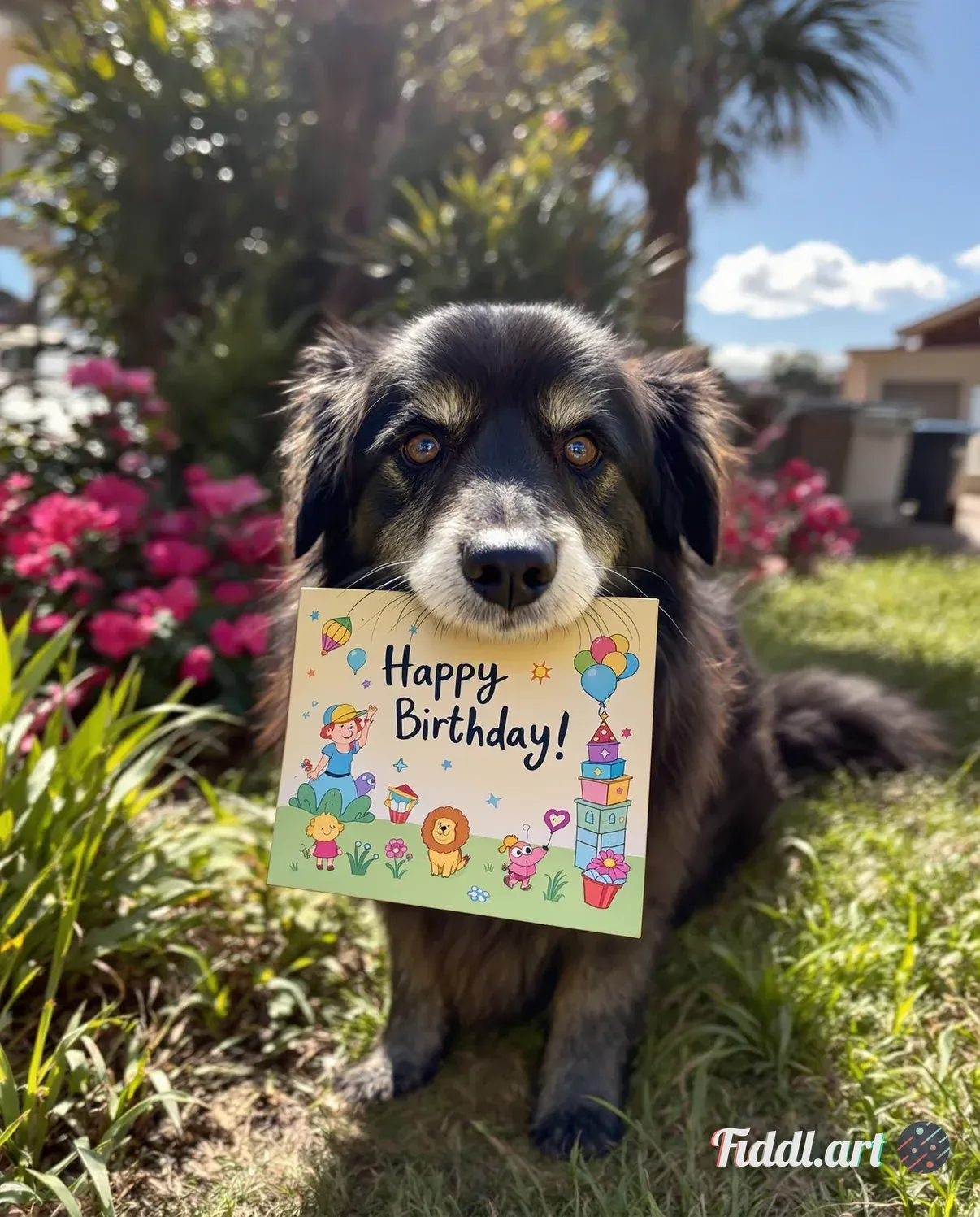 A cheerful dog, a fluffy Golden Retriever, playfully holding a colorful birthday card in its mouth. 