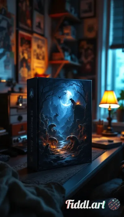 A dark fantasy PC game box art 3D render, set in an 80s bedroom with the box sitting on the desk. Th