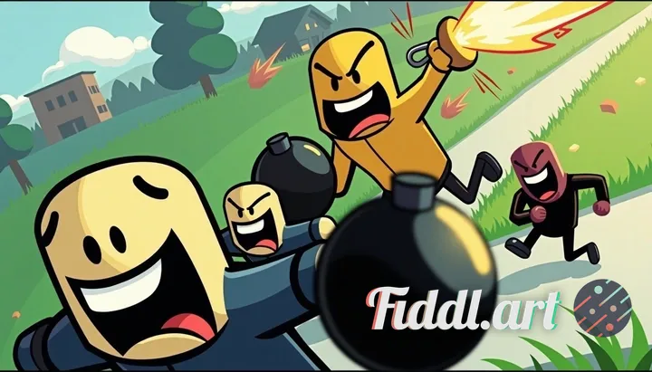 game profile image, title: Hot Bomb, dynamic action scene, three stylized character avatars, two bla