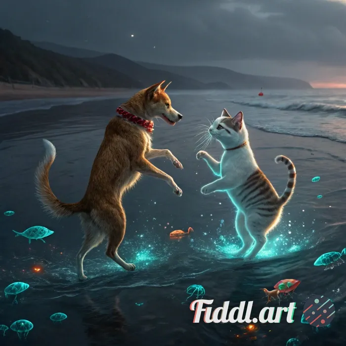 a dog and cat dancing into deep sea