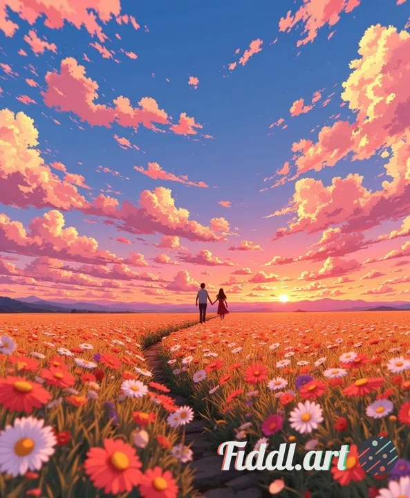A wide cinematic view of a couple walking hand-in-hand across a vast flower field, characters small 