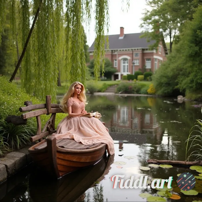 Have Barbie, in a pond with big weeping willow trees, with an artisan old wooden boat drifting with 