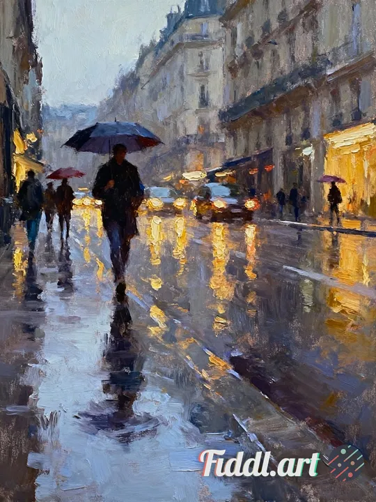 A city street after rain, wet pavement reflecting glowing lights, people with umbrellas painted loos