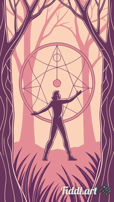 A man suspended in a surreal forest, posed like Leonardo da Vinci’s Vitruvian Man, his limbs outstre