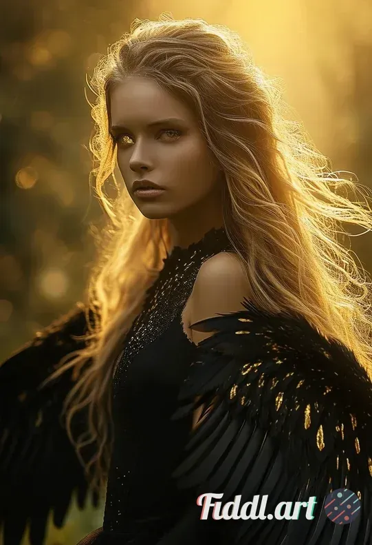 Media Index 0 | A serene figure with flowing golden hair and shimmering black wings, standing in a sunlit glade. Her