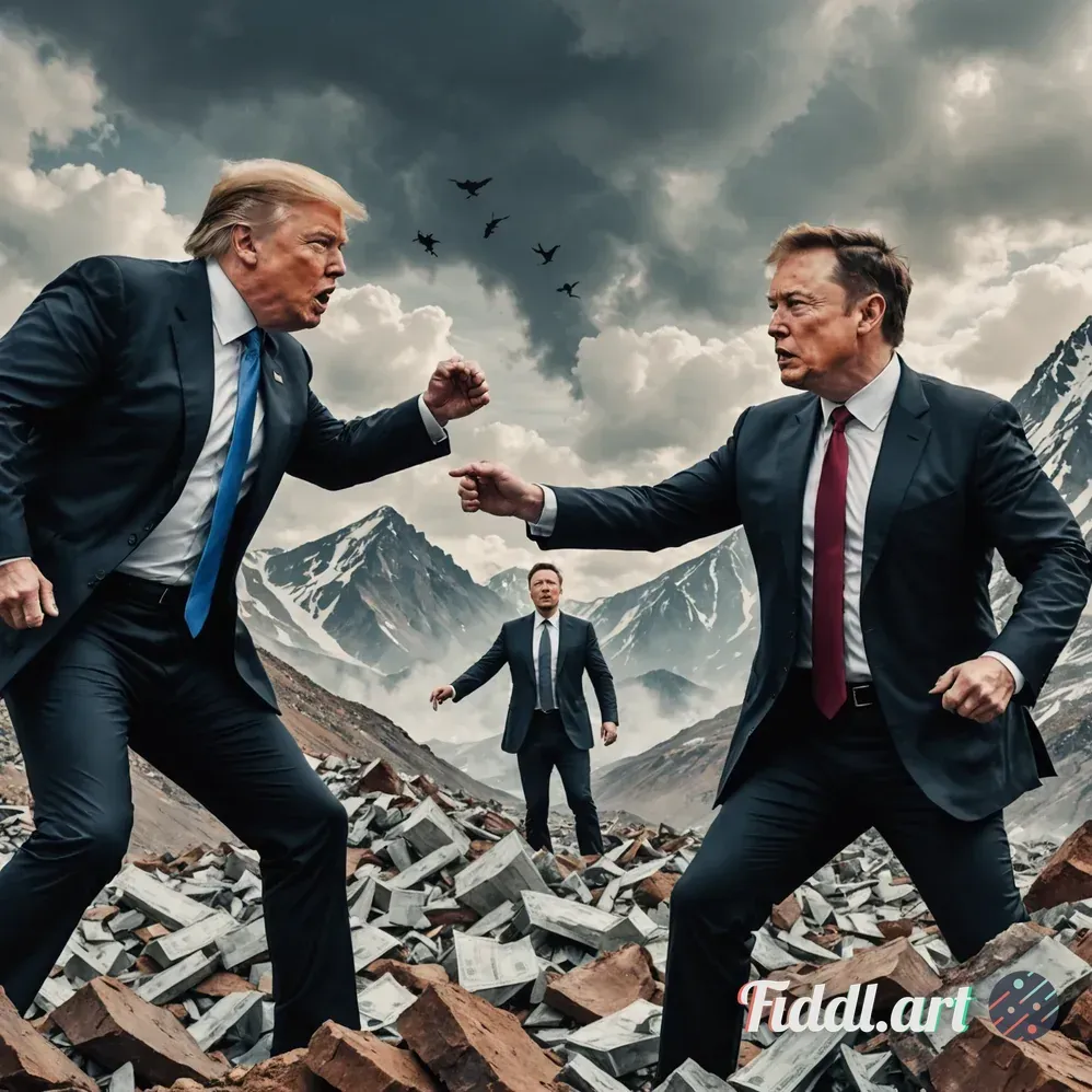 Media Index 0 | Trump and Elon Musk fighting each other to reach the top of an enormous mountain of money mixed with