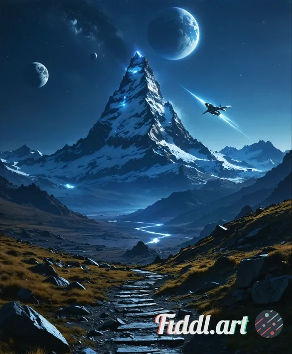 Epic sci-fi mountain vista at night. A jagged, snow-capped peak rises in the center of frame, flanke