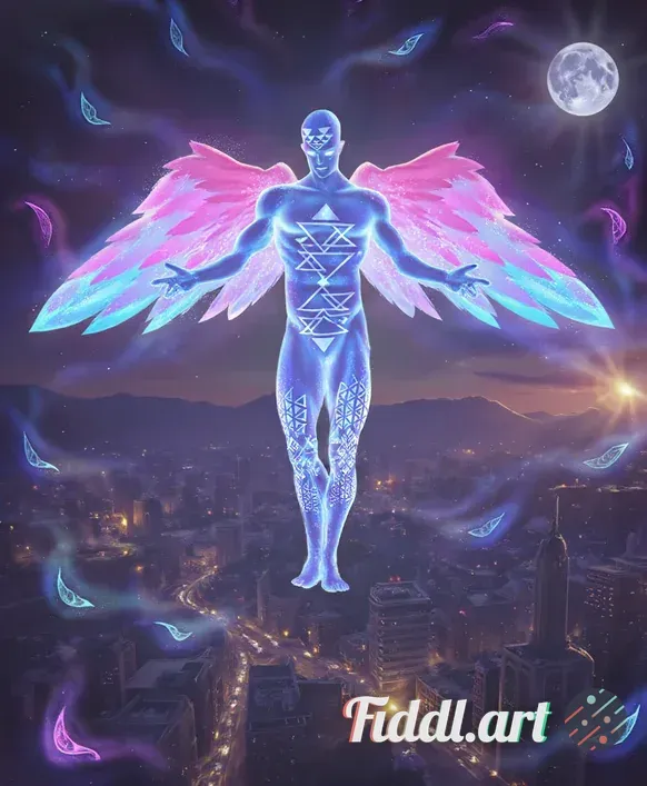 This image portrays a celestial, humanoid figure exuding an ethereal and otherworldly aura, suspende