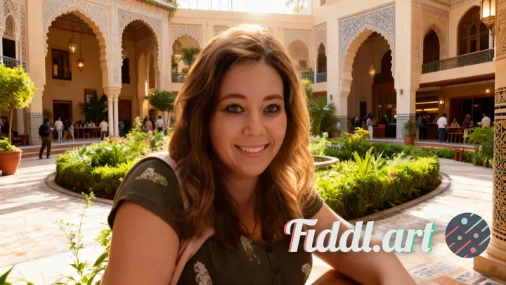 Neo-Moorish community hub, seamless fusion of global architectural styles, lush central garden, cine