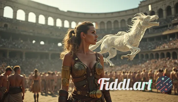 A female ancient Roman gladiator stands defiantly at the center of a grand stone arena reminiscent o