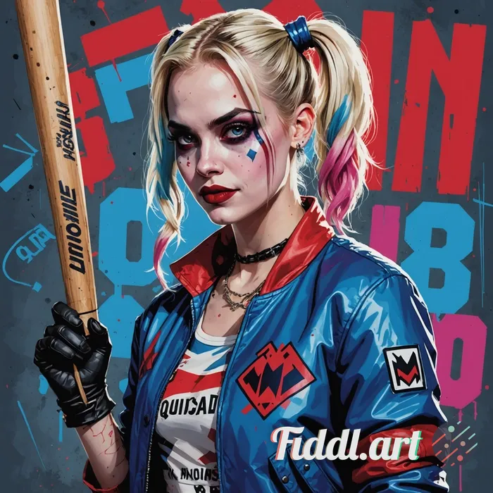 A highly detailed, cinematic portrait of Harley Quinn from Suicide Squad, featuring her iconic look 