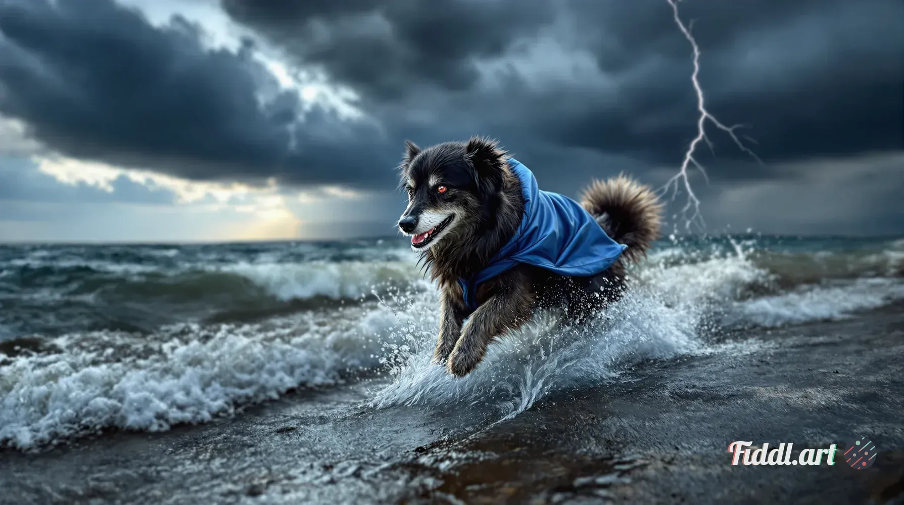 Ultra‑realistic dog mid‑leap above stormy waves, clad in a flowing cobalt cape crackling with electr