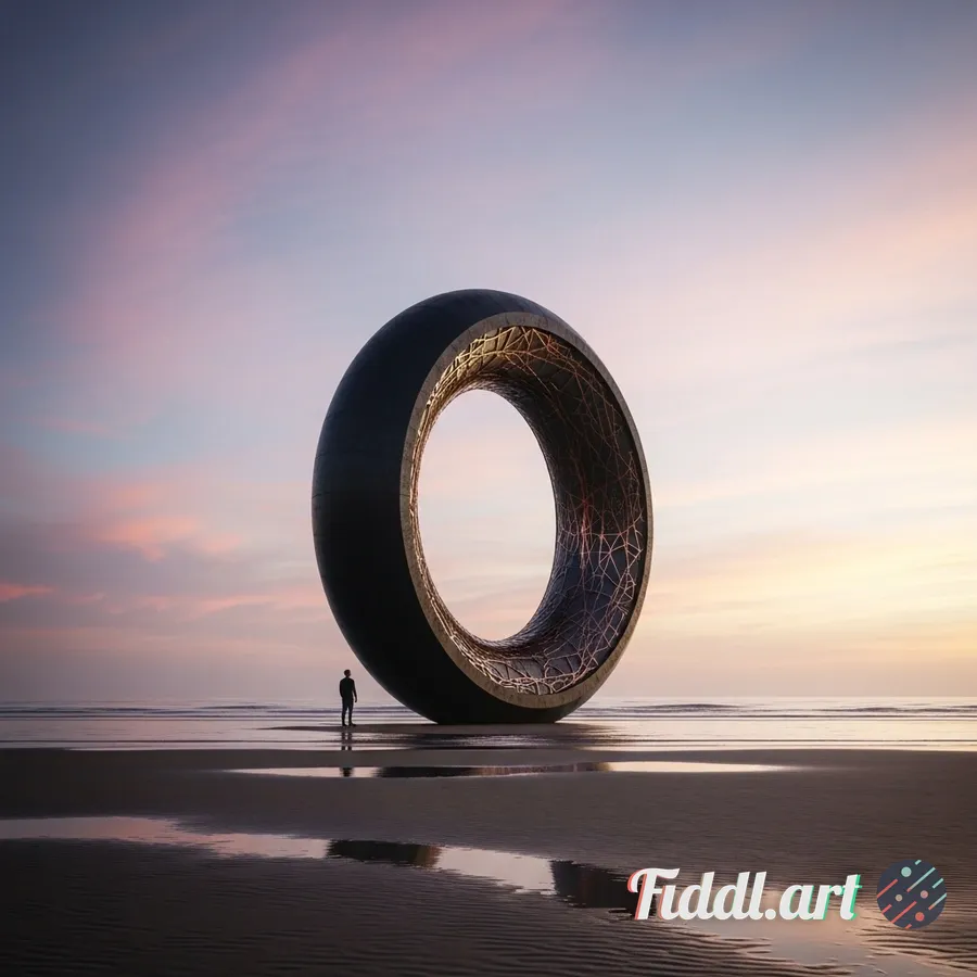 A wide shot of an enormous ring-shaped concrete sculpture floating above the sea, in satin black wit